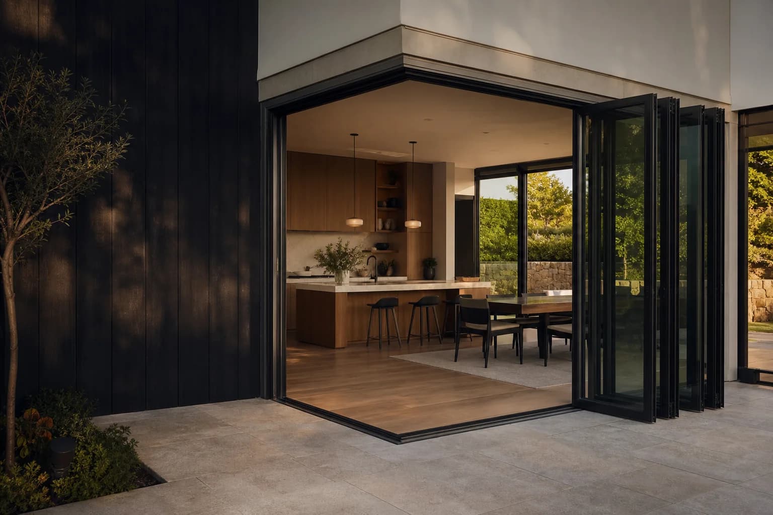 Large black aluminum bifold glass door connecting a kitchen and patio