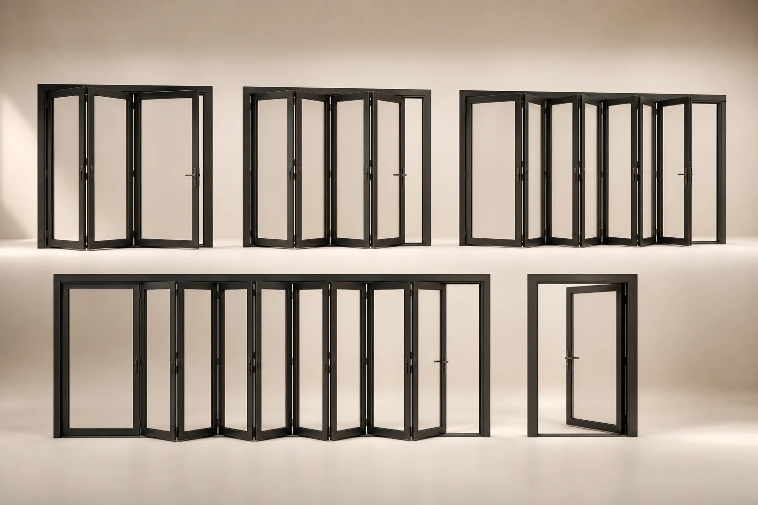 Several exterior bifold door panel layouts in an architectural studio