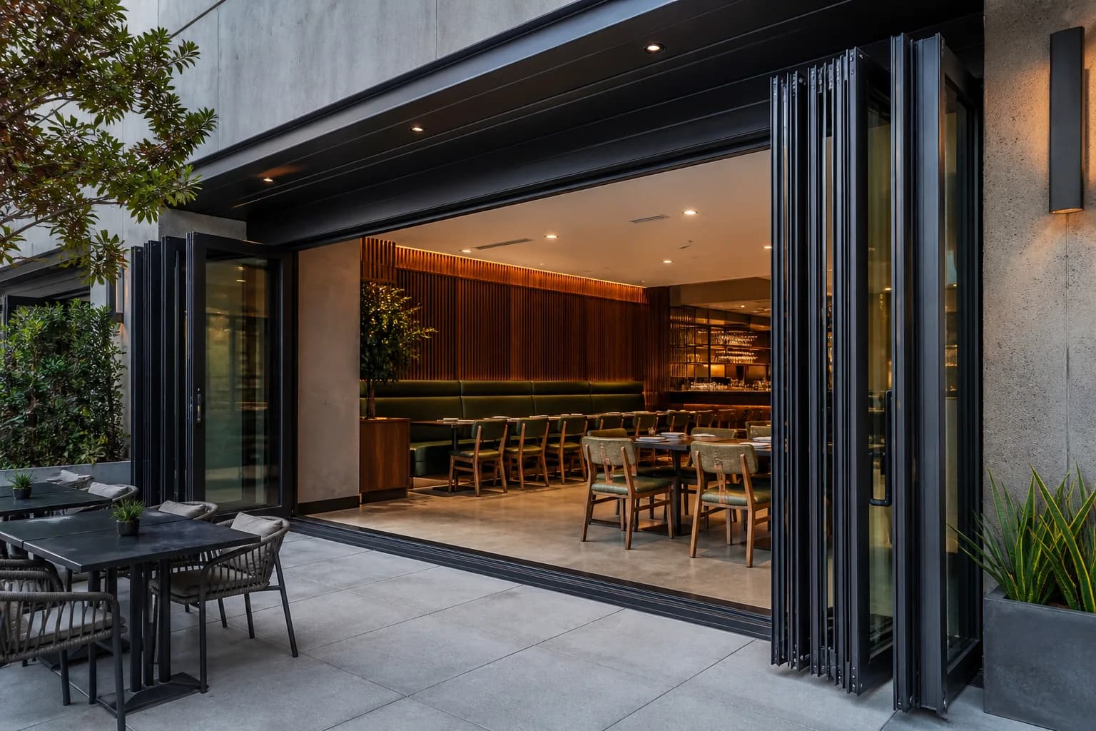 Commercial folding glass wall opened at a finished hospitality project