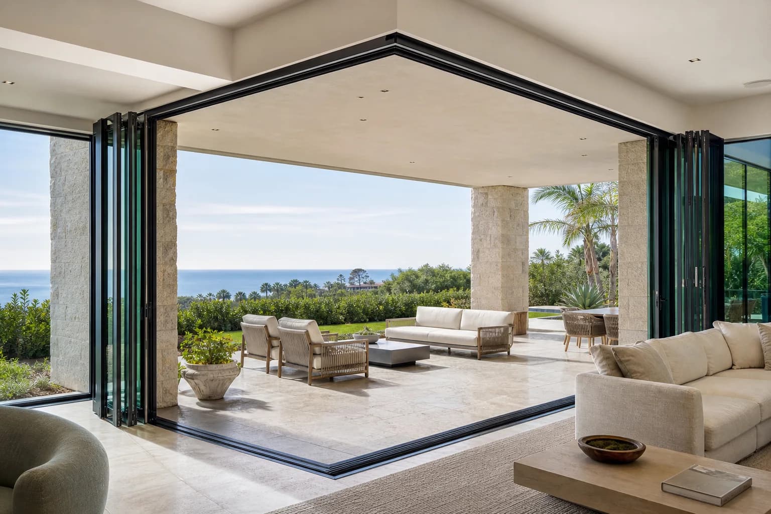 Wide corner folding glass opening with panels stacked aside