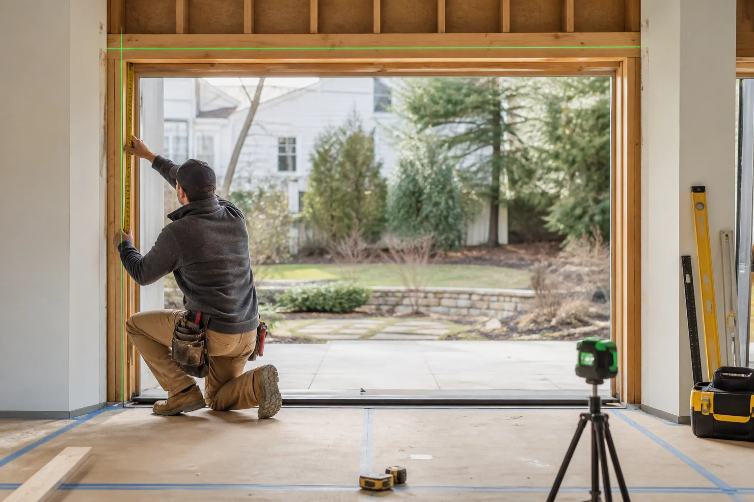 Professional measuring the width and height of a large bifold door opening